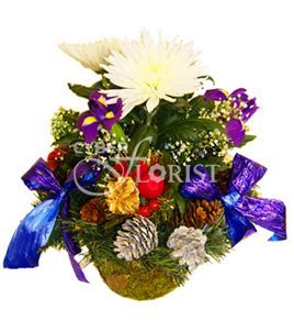 New Year Carnival. A special New Year arrangement of irises, mums and holiday decoration in a basket.